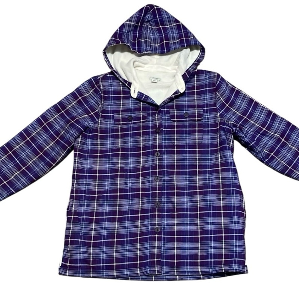 L.L. Bean Fleece-Lined Plaid Flannel Hoodie  Shacket Womens XS Button up Coat